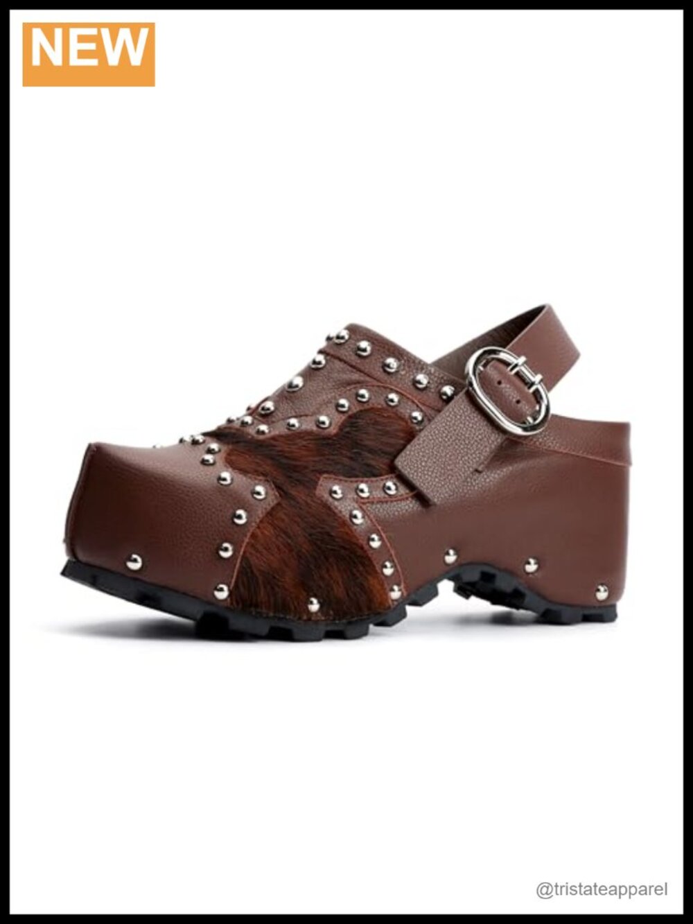 Platform Clogs Mules Calf Hair Leather Patchwork Arch Support Adjustable Strap
